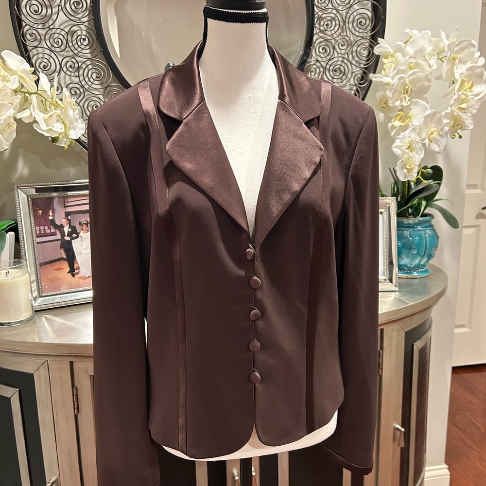Lillie Rubin Brown Satin-Trim Button Front Blazer